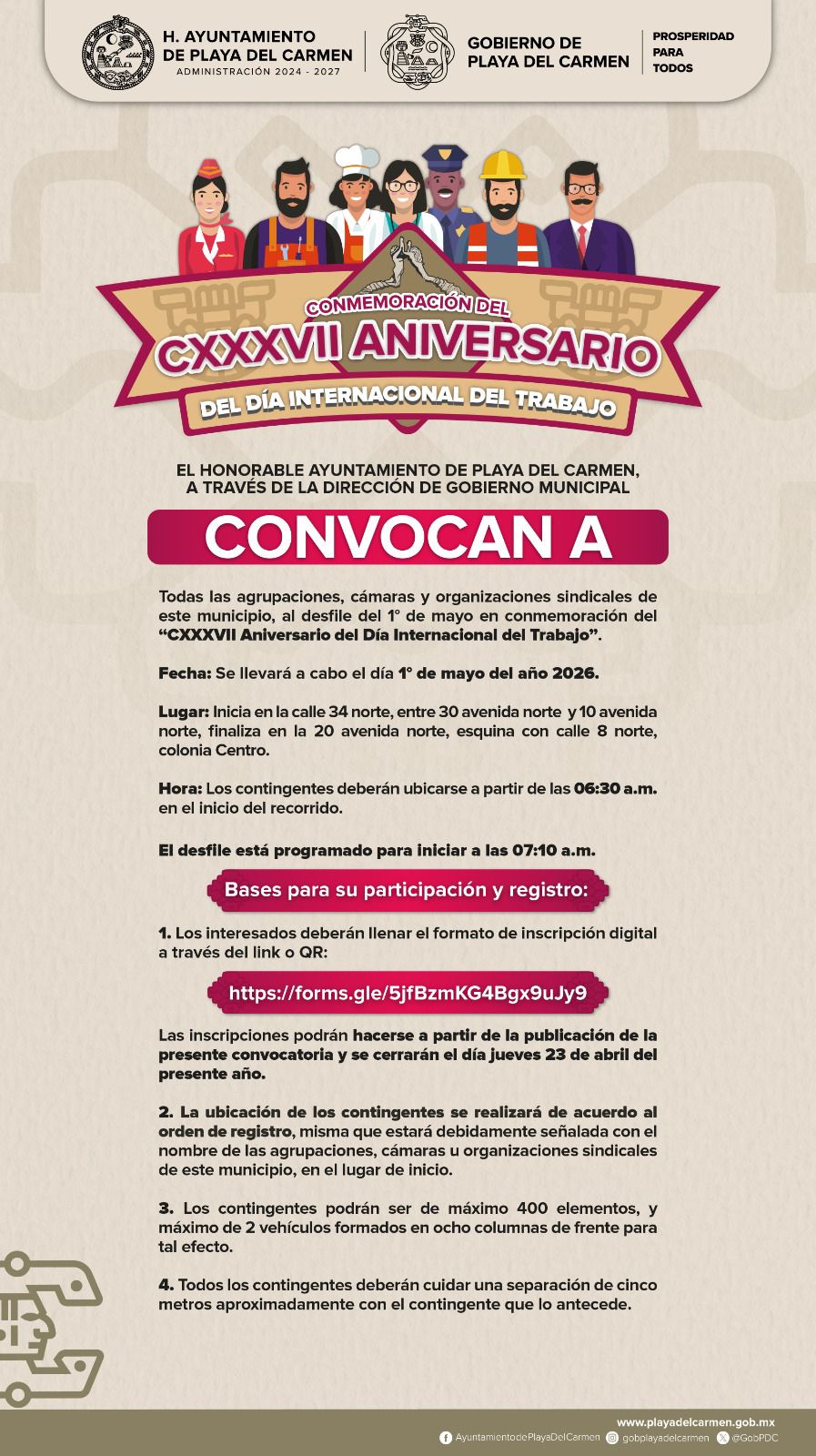 Convocan desfile del 1 de mayo en Playa